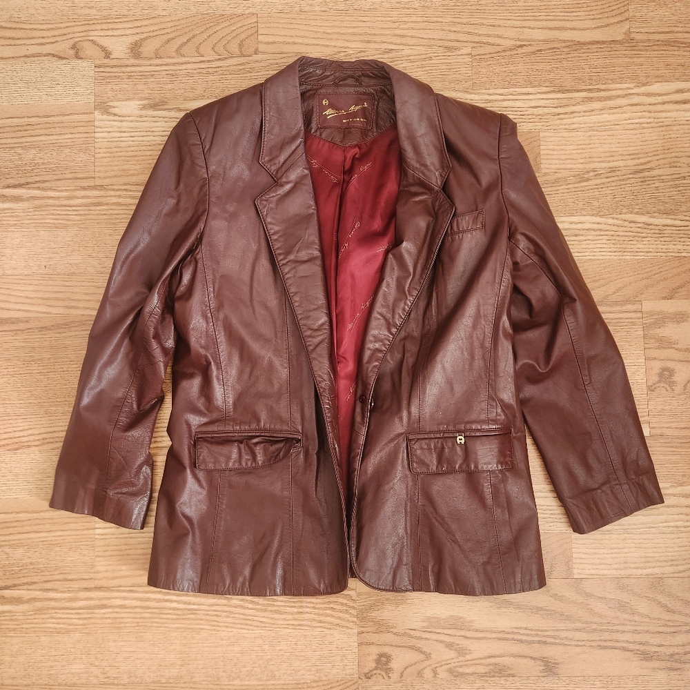 GUC Vintage Etienne Aigner Brown Leather Blazer Jacket with Red Lining, Size 14